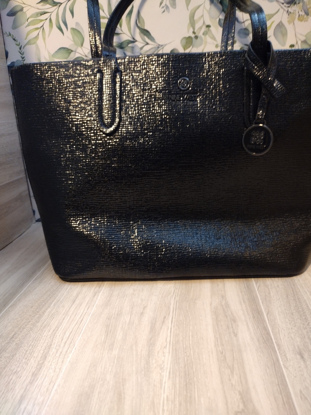 Nine West Black Textured Tote with Logo